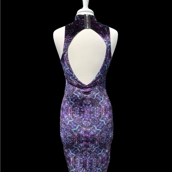 Bodycon Midi Dress Small Velvet Retro Revival 70s Psychedelic Backless High Neck - Picture 2 of 14